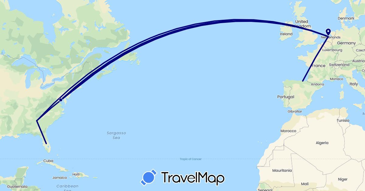 TravelMap itinerary: driving in Spain, Netherlands, United States (Europe, North America)